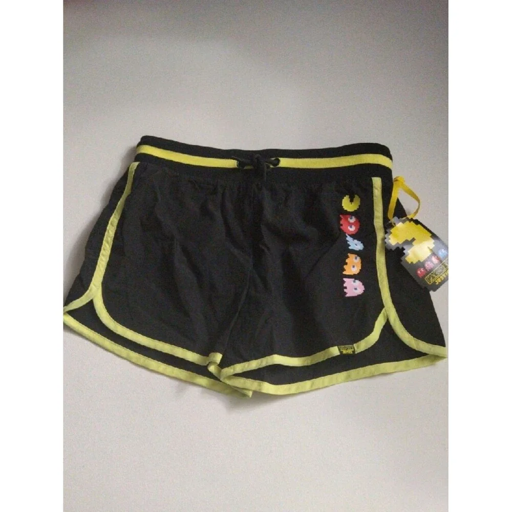 Justice Pac-man Black Athletic Shorts Yellow Trim Character Accents L 12/14 New